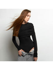 Solid Ruched Long Sleeve Fitted Bodysuits