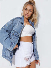 Ripped Single Breasted Long Sleeve Denim Jackets