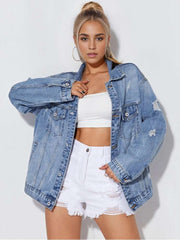 Ripped Single Breasted Long Sleeve Denim Jackets