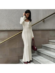 Solid Color U Neck Long Sleeve Maxi Dress