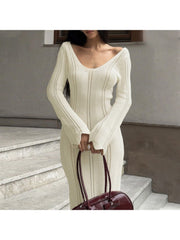 Solid Color U Neck Long Sleeve Maxi Dress