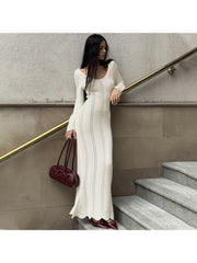 Solid Color U Neck Long Sleeve Maxi Dress