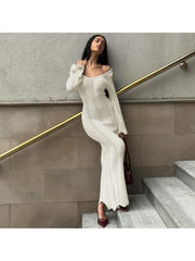 Solid Color U Neck Long Sleeve Maxi Dress