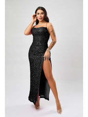 Sequin Backless Split Hem Slip Dress