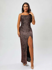 Sequin Backless Split Hem Slip Dress