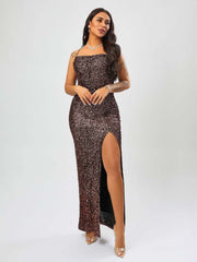 Sequin Backless Split Hem Slip Dress