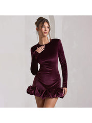 Pure Color Ruched Long Sleeve Mini Dress