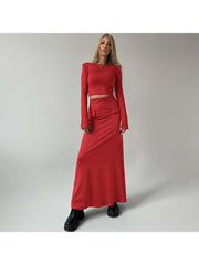 Solid Color Cropped Long Sleeve Skirt Sets