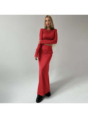 Solid Color Cropped Long Sleeve Skirt Sets