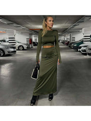 Solid Color Cropped Long Sleeve Skirt Sets