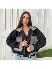 Patchwork Denim Zipper Long Sleeve Jackets