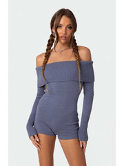 Solid Color Off Shoulder Knitting Rompers