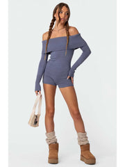 Solid Color Off Shoulder Knitting Rompers