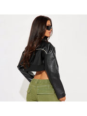 Striped Trim Zipper Cropped PU Jackets