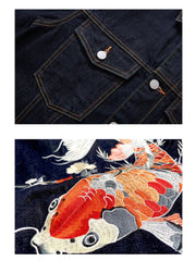 Embroidery Koi Fish Denim Men's Jackets