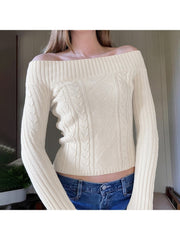 Patchwork Long Sleeve Off The Shoulder Sweater