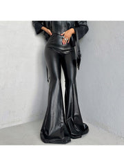 Solid PU Patchwork Bodycon Flared Pants