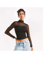 Sheer Highneck Cropped Long Sleeve Tops