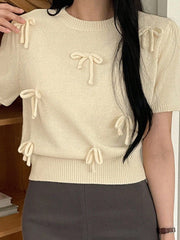 Bow Knitting Short Sleeve Sweater