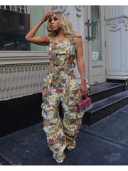 Floral Multi Pocket Wide Leg Cargo Overalls