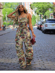 Floral Multi Pocket Wide Leg Cargo Overalls