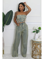 Denim Lace Up Tube Wide Leg Jeans Sets