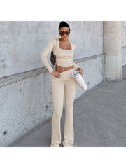 Pure Color Ruched Long Sleeve Pant Sets