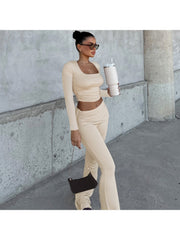 Pure Color Ruched Long Sleeve Pant Sets