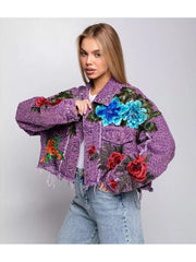 Stereo Flower Raged Hem Denim Cropped Jackets