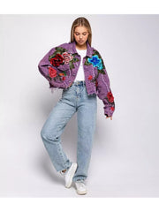 Stereo Flower Raged Hem Denim Cropped Jackets