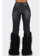 Faux Pearl Feather Denim Ripped Jeans