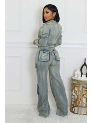 Washed Denim Jackets Cargo Pant Sets