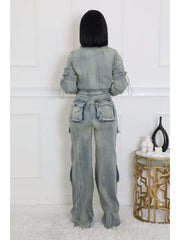 Washed Denim Jackets Cargo Pant Sets