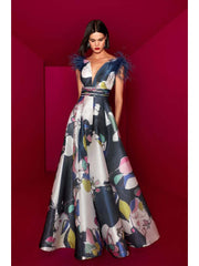 Colorblock Feather Backless Prom Maxi Dress