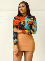 Colorblock Graffiti Loose Button Up Shirt