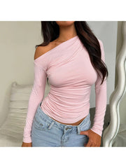 Plain Ruched Inclined Shoulder Cropped Tops