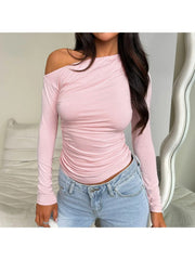 Plain Ruched Inclined Shoulder Cropped Tops