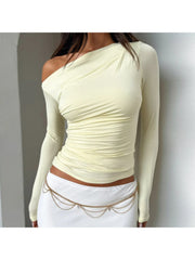 Plain Ruched Inclined Shoulder Cropped Tops