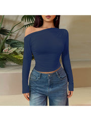 Plain Ruched Inclined Shoulder Cropped Tops