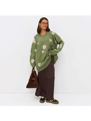 Embroidery Pullover Crewneck Flower Knit Sweater