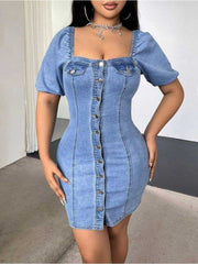 Denim Square Neck Button Up Mini Dress