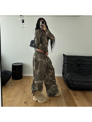 Camo Raged Hem Zipper Hooded Pant Sets