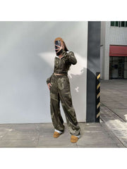 Camo Raged Hem Zipper Hooded Pant Sets