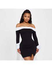 Colorblock Off Shoulder Split Hem Mini Dress