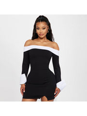 Colorblock Off Shoulder Split Hem Mini Dress