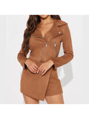 Zipper Lapel Jackets Split Hem Skort Sets