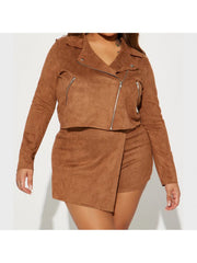 Zipper Lapel Jackets Split Hem Skort Sets