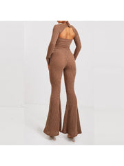 Ribbed Halter Backless Jumpsuit Bolero Sets