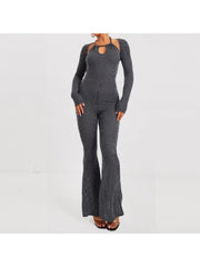 Ribbed Halter Backless Jumpsuit Bolero Sets