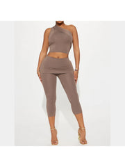 One Shoulder Cropped Tank Fitted Pant Sets